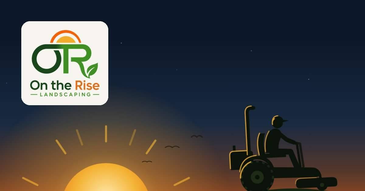 On the Rise Landscaping website: a mower cresting a hill at sunrise